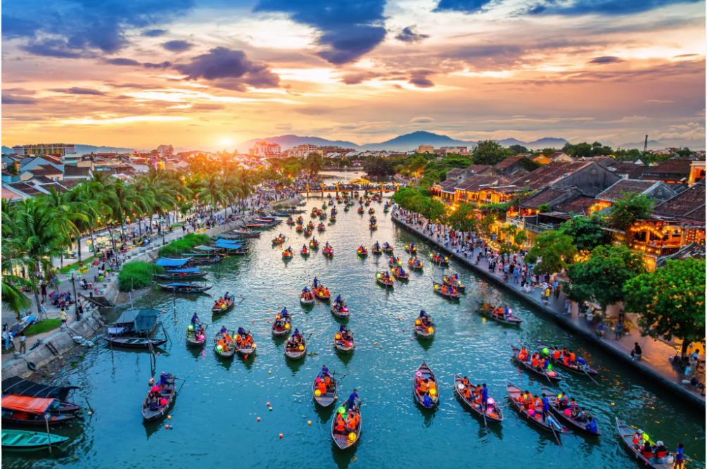 la nang city with river and peaple sailing with boats tradition of light in vietnam